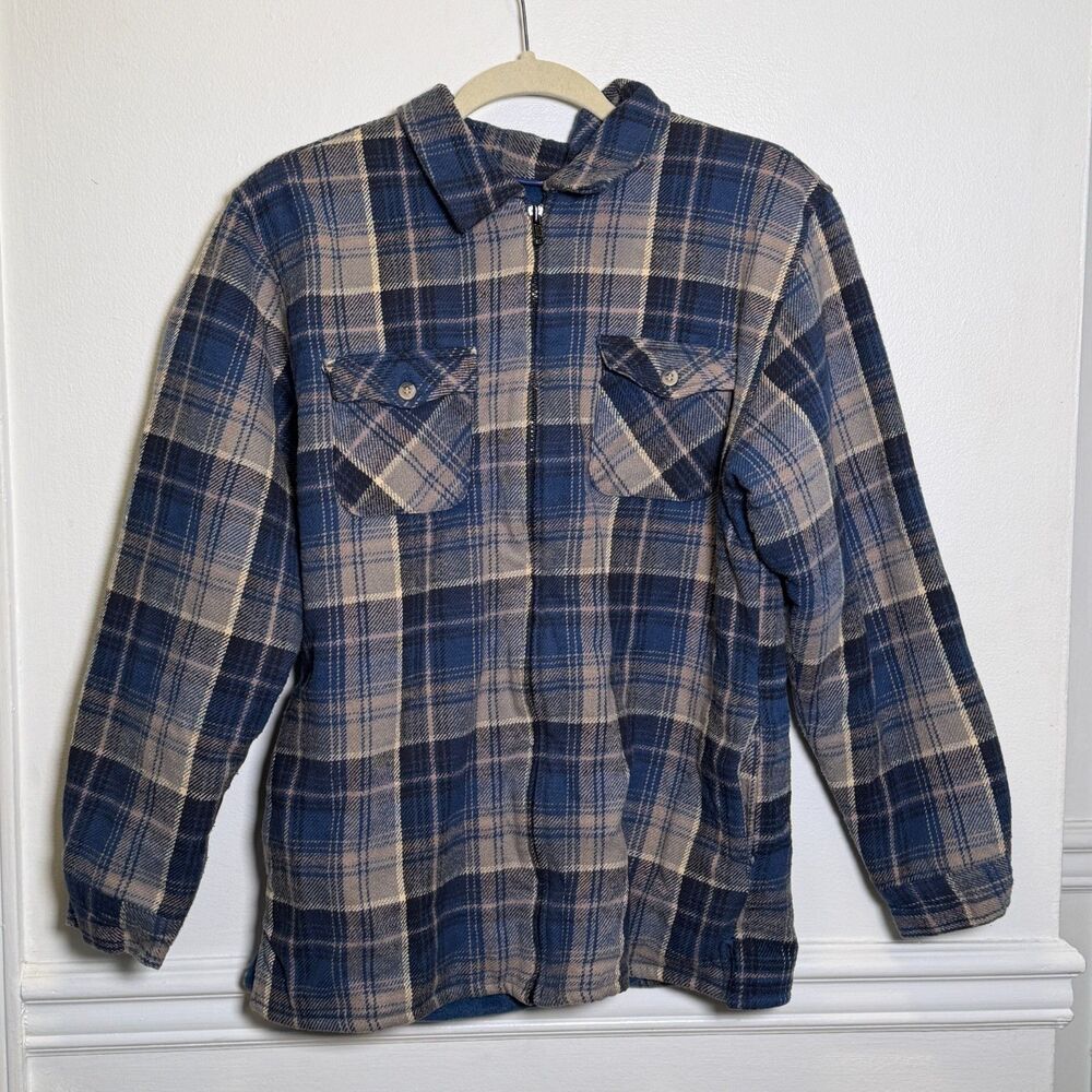 Basic Editions Plaid Flannel Jacket Womens 14/16 Blue Sherpa Lined Full Zip